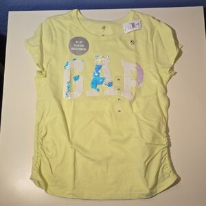 GAP Yellow Short Sleeve Tee with Iridescent FLIP THESE Sequin Logo Sz Xl 12 Nwt
